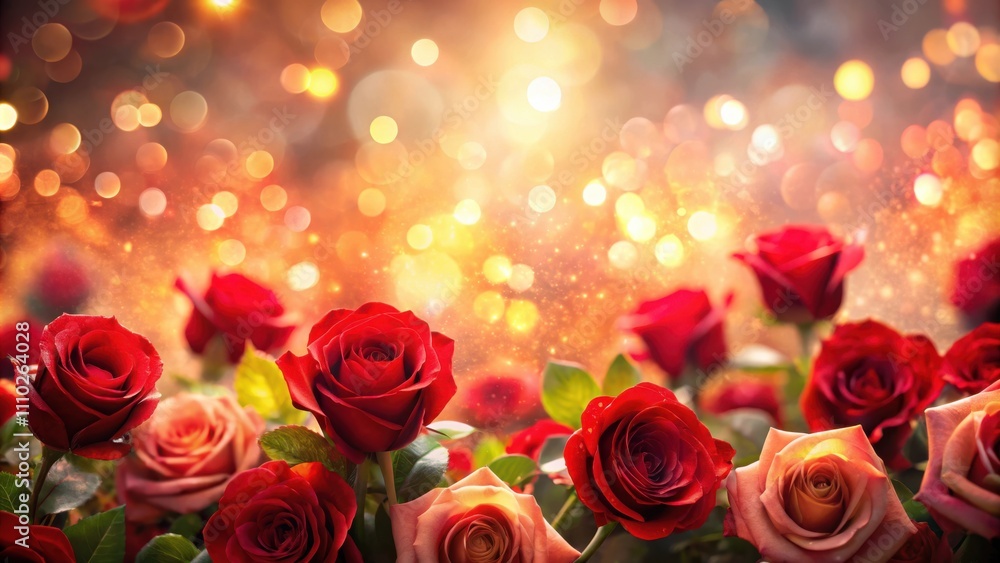 A vibrant bouquet of red roses with a soft glow of golden bokeh in the background. A vibrant bouquet of red roses with a soft glow of golden bokeh in the background.