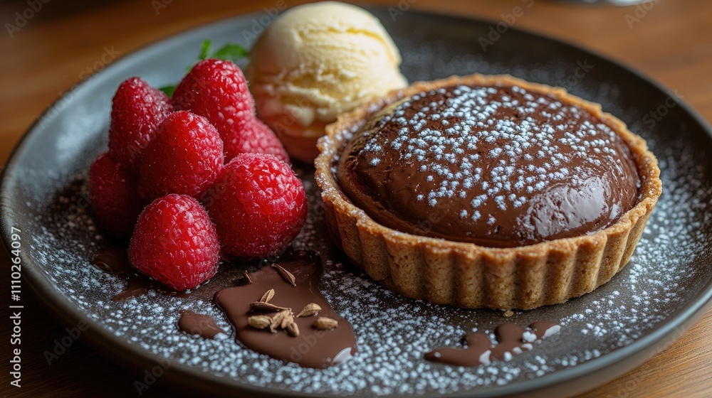 Chocolate souffle tart topped with cardamom ice cream and fresh raspberries elegantly arranged on a dark plate for gourmet dessert presentation Chocolate souffle tart topped with cardamom ice cream and fresh raspberries elegantly arranged on a dark plate for gourmet dessert presentation