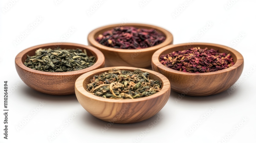 Variety of dried tea leaves displayed in wooden bowls on a white background showcasing red green and black tea macro photography Variety of dried tea leaves displayed in wooden bowls on a white background showcasing red green and black tea macro photography