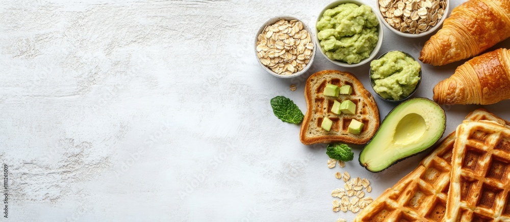 Breakfast table arrangement with avocado toast oatmeal waffles and croissants on a bright white background for a healthy start to the day Breakfast table arrangement with avocado toast oatmeal waffles and croissants on a bright white background for a healthy start to the day
