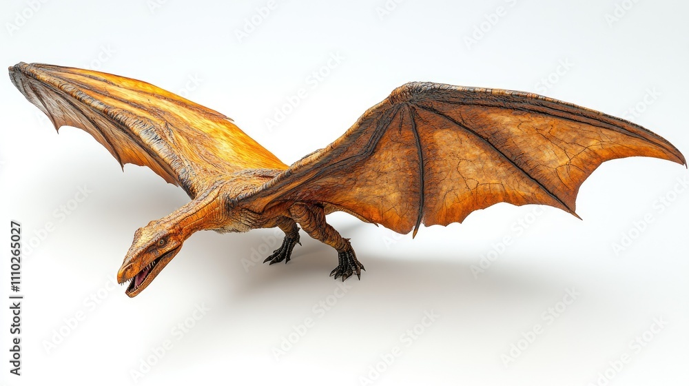 Golden dragon with large wings poised for flight against a white background. Golden dragon with large wings poised for flight against a white background.