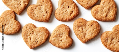 Heart-shaped cookies arranged pleasingly on a white surface perfect for Valentine's Day or baking themes. photo