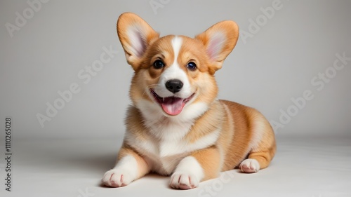 happy Puppy Welsh Corgi 14 Weeks old, dog winking, panting and sitting isolated on white