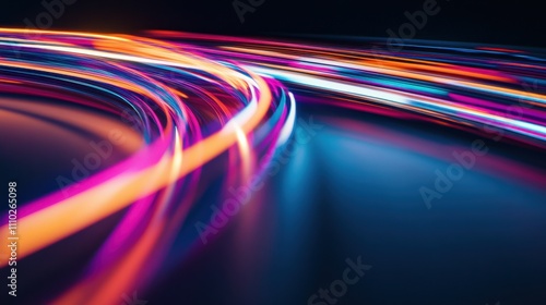 An evocative scene of colorful abstract light trails intertwining to form a dynamic, cohesive pattern on a smooth surface
