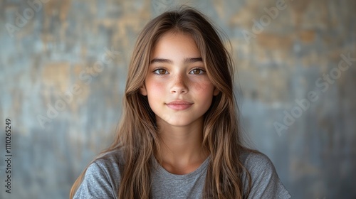 Teen girl portrait with long hair in studio setting engaging with the camera while seated at a table in a casual T-shirt.