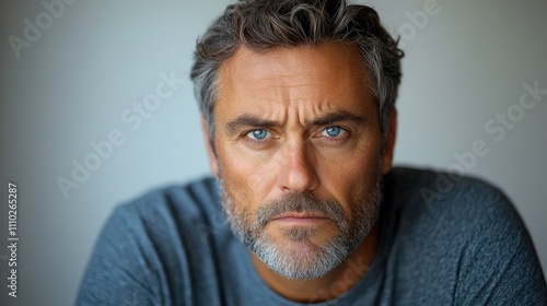 Mature man expressing frustration and displeasure in a closeup portrait against a neutral background showcasing human emotions and expressions