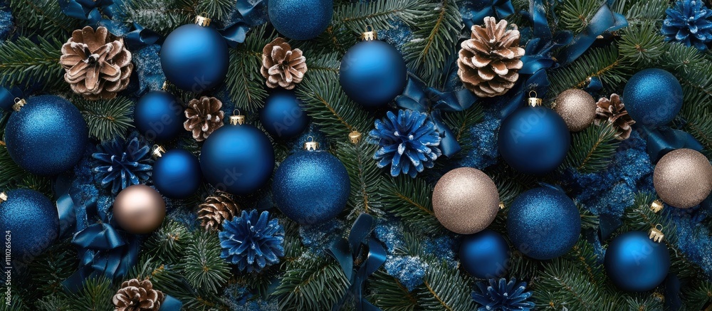 Blue Christmas tree decorations arranged on spruce branches with pine cones and ribbon accents creating a festive winter background. Blue Christmas tree decorations arranged on spruce branches with pine cones and ribbon accents creating a festive winter background.