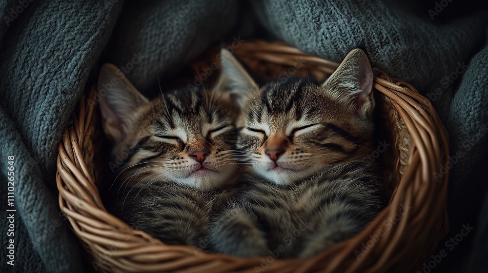 Two sleeping kittens nestled together in a cozy woven basket. Two sleeping kittens nestled together in a cozy woven basket.