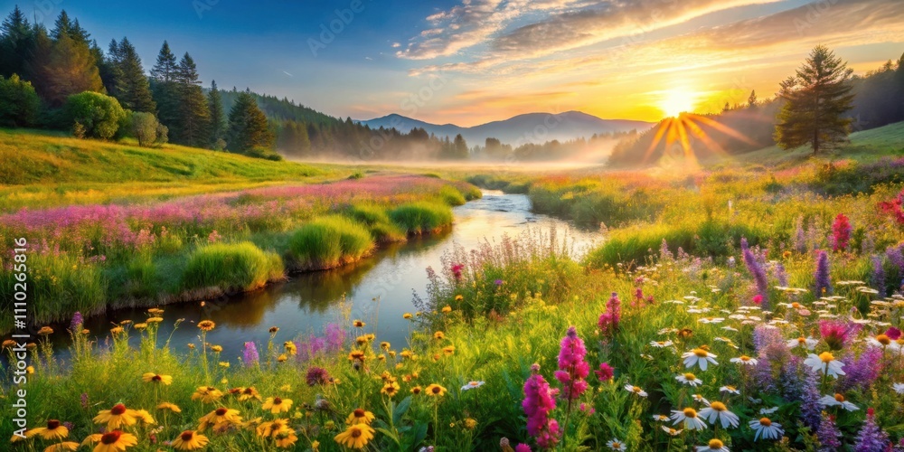 Serene River Winding Through a Lush Meadow Bathed in the Warm Glow of a Sunrise Serene River Winding Through a Lush Meadow Bathed in the Warm Glow of a Sunrise