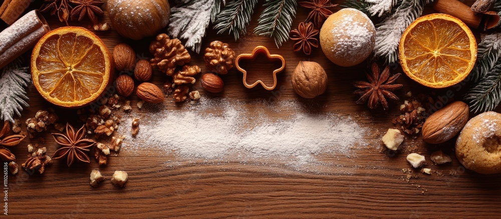 Rustic Christmas banner featuring cookie cutters dried fruits nuts and spices arranged on wooden surface with rolling flour and greenery accents Rustic Christmas banner featuring cookie cutters dried fruits nuts and spices arranged on wooden surface with rolling flour and greenery accents