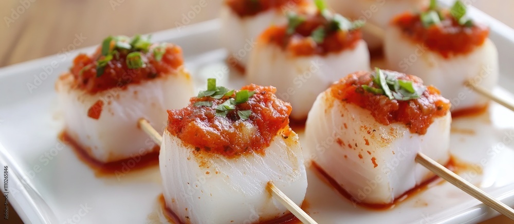 Delicious fish canape with mullet topped with spicy tomato sauce and garnished with fresh herbs on a wooden platter Delicious fish canape with mullet topped with spicy tomato sauce and garnished with fresh herbs on a wooden platter