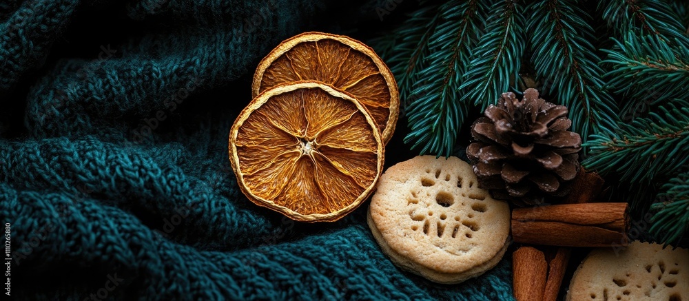 Festive Christmas backdrop with dried orange slices pine cones biscuits and cinnamon on a cozy green knit blanket. Festive Christmas backdrop with dried orange slices pine cones biscuits and cinnamon on a cozy green knit blanket.