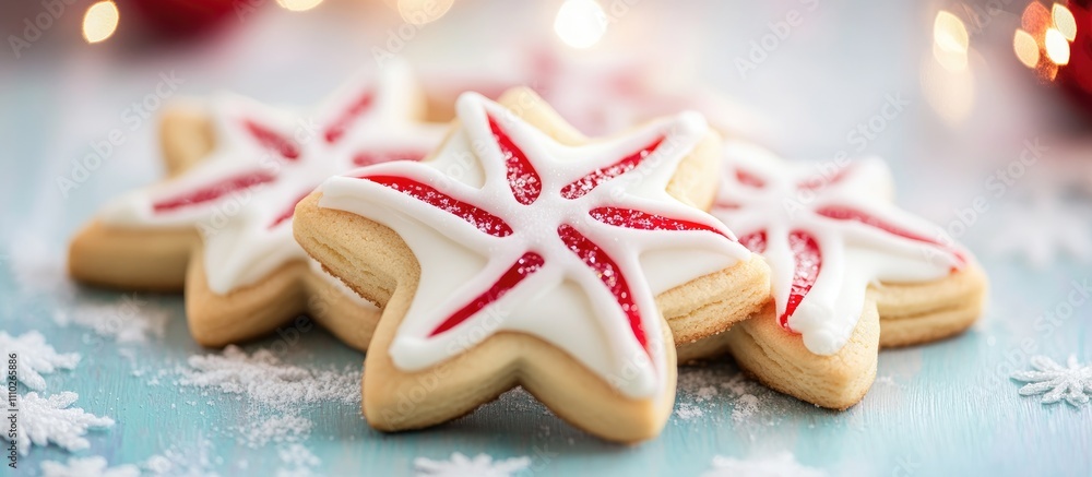 Festive star-shaped Christmas cookies decorated with icing on a reflective surface creating a warm holiday atmosphere Festive star-shaped Christmas cookies decorated with icing on a reflective surface creating a warm holiday atmosphere