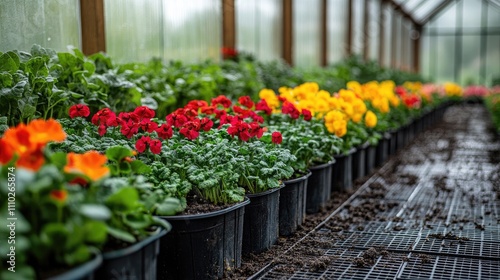 Vibrant Flower and Vegetable Seedlings in a Lush Greenhouse Environment with Colorful Blooms and Healthy Growth