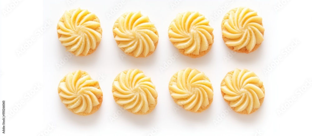 Danish butter cookies arranged neatly on a white background showcasing their intricate swirl design and golden color. Danish butter cookies arranged neatly on a white background showcasing their intricate swirl design and golden color.