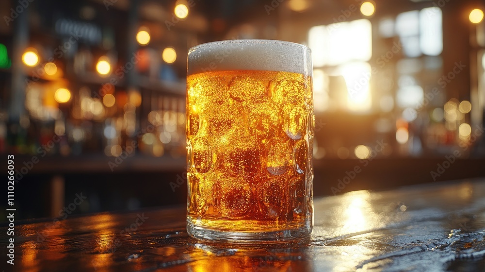 Close up of a frothy beer glass illuminated by warm light in a cozy bar setting during golden hour Close up of a frothy beer glass illuminated by warm light in a cozy bar setting during golden hour