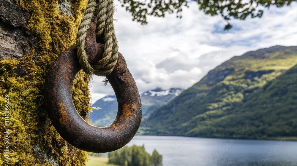 Rustic hook and rope hanging from a tree with serene lake and mountains in the background, capturing nature's tranquility and outdoor adventure. Rustic hook and rope hanging from a tree with serene lake and mountains in the background, capturing nature's tranquility and outdoor adventure.
