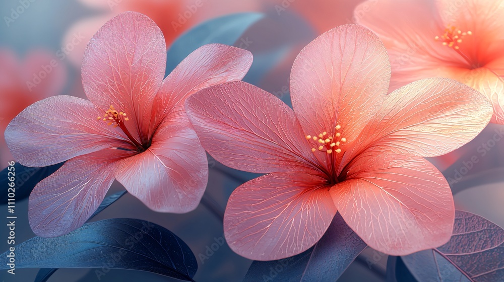 Obraz premium Soft minimalist floral pattern featuring delicate pink blossoms and lush green leaves