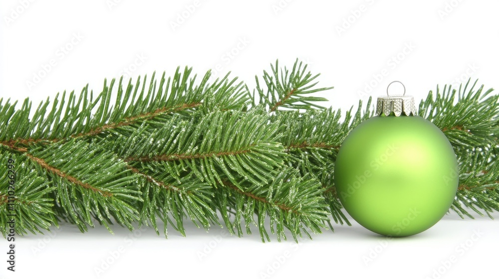 Christmas tree branch adorned with a shiny green ornament against a clean white background celebrating festive holiday spirit Christmas tree branch adorned with a shiny green ornament against a clean white background celebrating festive holiday spirit