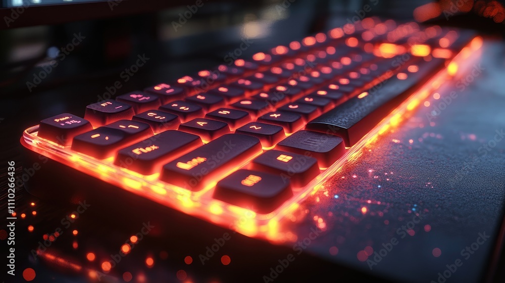 Illuminated gaming keyboard with red backlight on dark surface. Illuminated gaming keyboard with red backlight on dark surface.