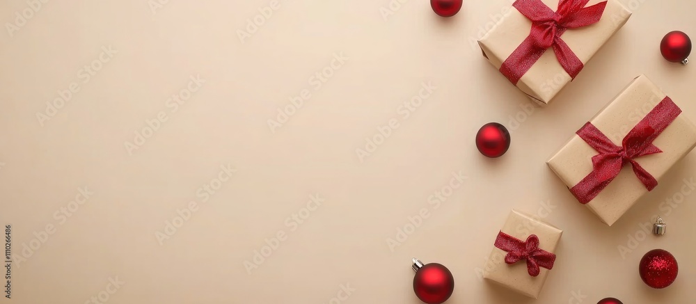 Festive Christmas gift boxes with red baubles and ribbons arranged on a soft beige background for a holiday decoration theme Festive Christmas gift boxes with red baubles and ribbons arranged on a soft beige background for a holiday decoration theme