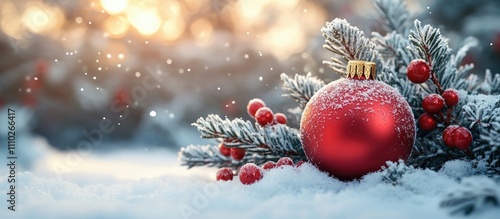 Festive Christmas tree decorations with red bauble and frosted berries on snowy background capturing the holiday spirit and winter wonderland