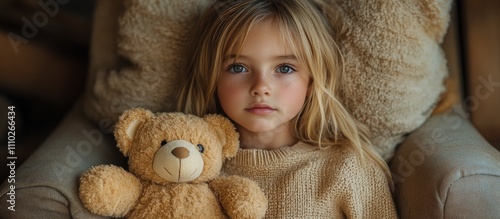 Child with teddy bear in cozy armchair soft focus image capturing warmth and innocence in a rustic wooden room with low lighting ambiance photo