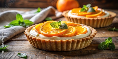 Creamy Citrus Tartlets Topped with Fresh Orange Slices and Delicate Mint Garnish on a Rustic Wooden Table