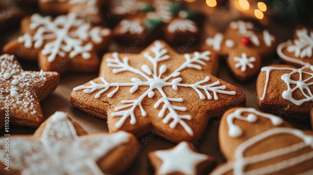 Homemade festive cookies decorated with icing on a wooden surface in warm holiday ambiance Homemade festive cookies decorated with icing on a wooden surface in warm holiday ambiance