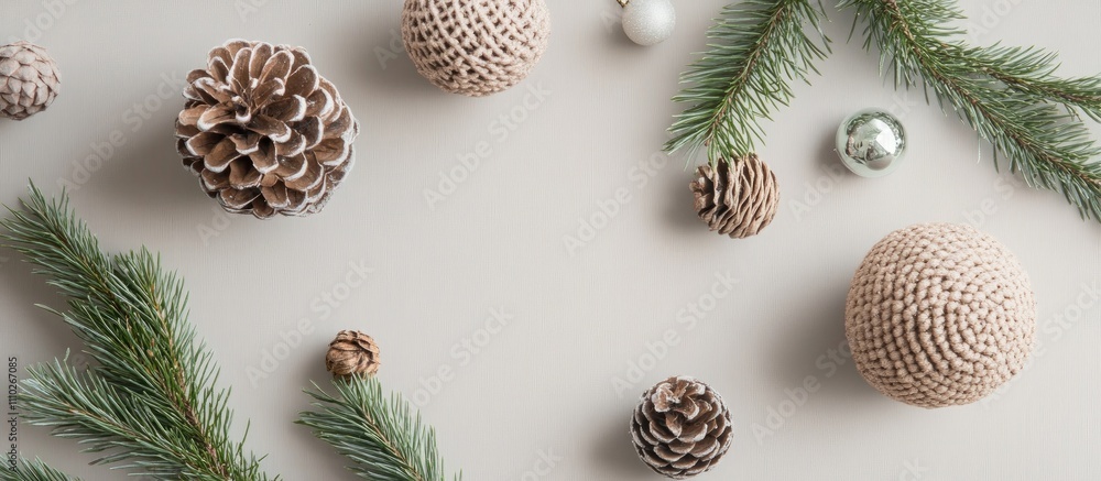Christmas tree branches and rustic ornaments arranged on a soft abstract background for a festive holiday theme Christmas tree branches and rustic ornaments arranged on a soft abstract background for a festive holiday theme