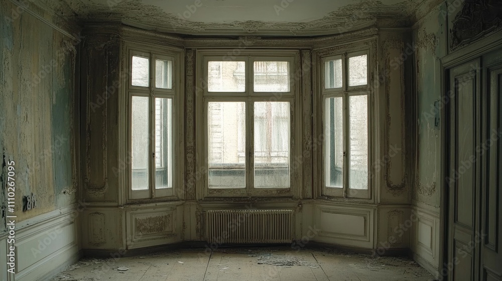 Abandoned empty apartment room with large windows revealing peeling walls and a dusty floor creating a desolate atmosphere Abandoned empty apartment room with large windows revealing peeling walls and a dusty floor creating a desolate atmosphere