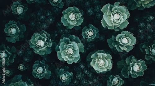 Aerial view of lush cabbage plants arranged in a vibrant green garden setting showcasing their natural beauty and healthy growth photo