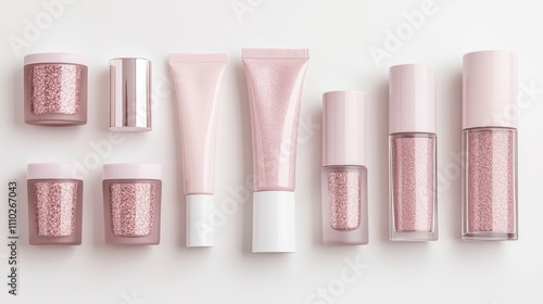 Elegant skincare and cosmetic products in pink containers arranged on a clean white background for beauty and wellness branding. photo