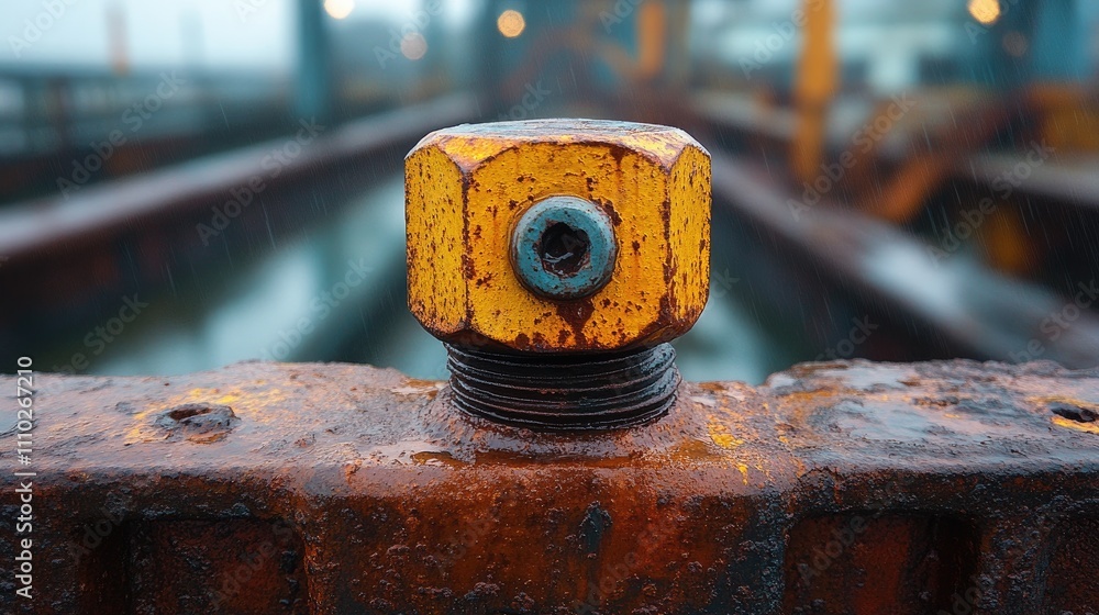 Rusted corrosion on a yellow bolt and nut showcasing industrial decay and weathering in an outdoor setting Rusted corrosion on a yellow bolt and nut showcasing industrial decay and weathering in an outdoor setting