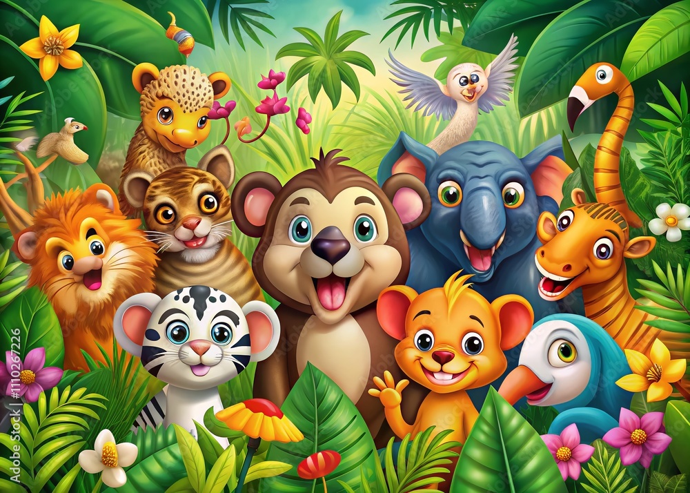 Fototapeta premium Colorful Cartoon Jungle Animals Collection for Fun and Educational Illustrations Featuring Monkeys, Elephants, Tigers, Parrots, and More in a Vibrant Jungle Setting