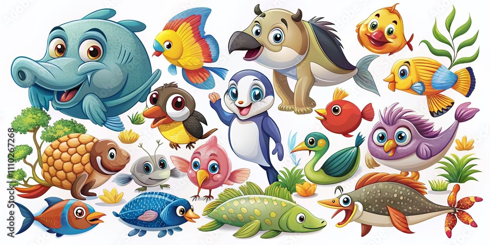 Fototapeta premium Colorful Cartoon Animals, Fish, and Birds Illustration Pack for Kids' Education Posters and Books | Fun and Engaging Symbols for Children's Learning Materials