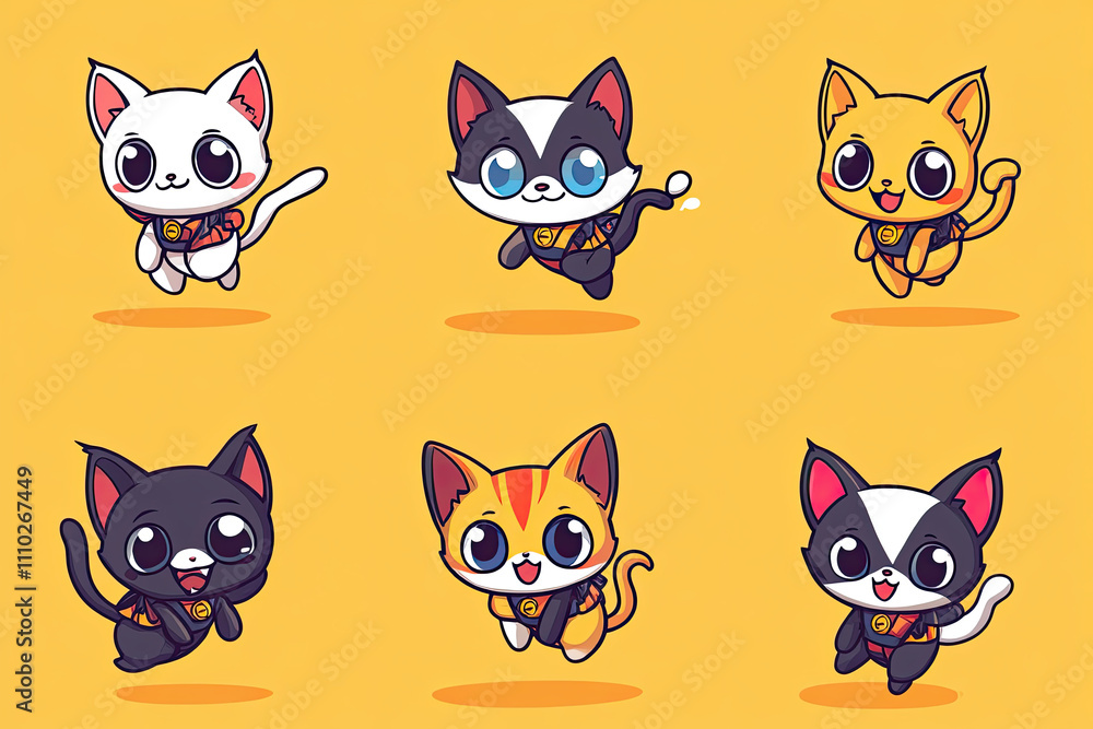 Nine Kawaii Cats in Playful Action Nine Kawaii Cats in Playful Action