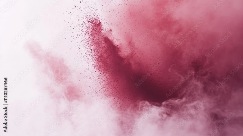 Obraz premium Burst of magenta colored powder creating an abstract pattern against a white background in high resolution for artistic and creative use