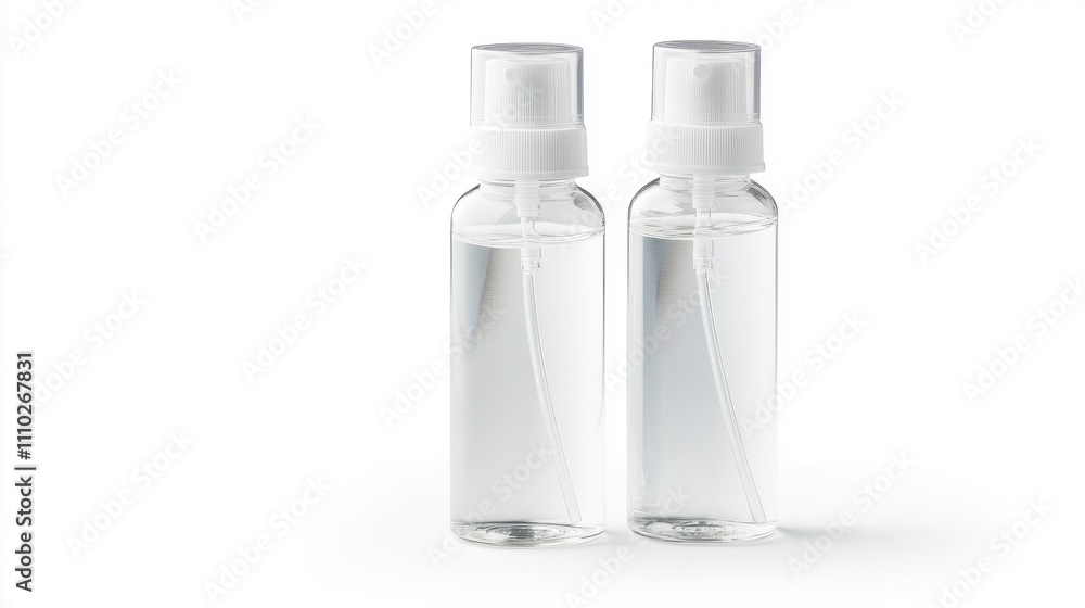 Clear plastic travel bottles for cosmetics on white background, ideal for personal care and travel essentials with easy dispensing mechanism Clear plastic travel bottles for cosmetics on white background, ideal for personal care and travel essentials with easy dispensing mechanism