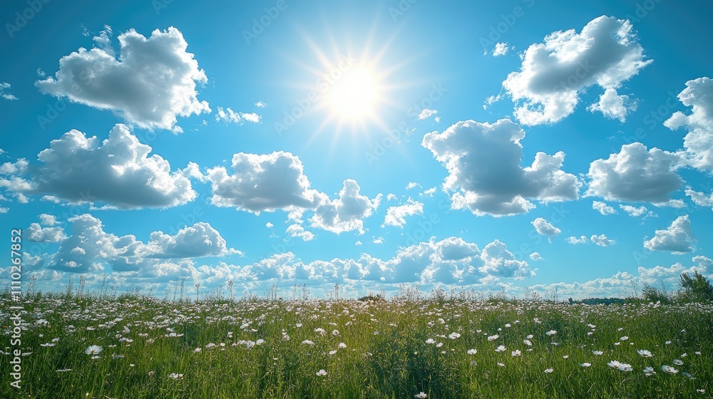 Vibrant spring landscape featuring a blue sky with fluffy white clouds and sun over a field of wildflowers in natural sunlight Vibrant spring landscape featuring a blue sky with fluffy white clouds and sun over a field of wildflowers in natural sunlight