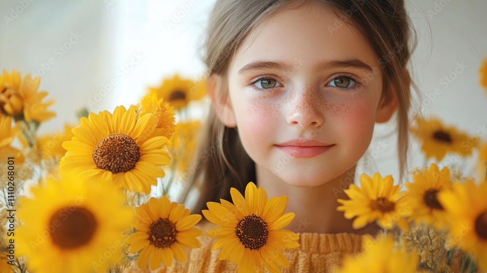 Sweet schoolgirl surrounded by vibrant sunflowers holding a bouquet of flowers with a cheerful expression isolated on white background Sweet schoolgirl surrounded by vibrant sunflowers holding a bouquet of flowers with a cheerful expression isolated on white background