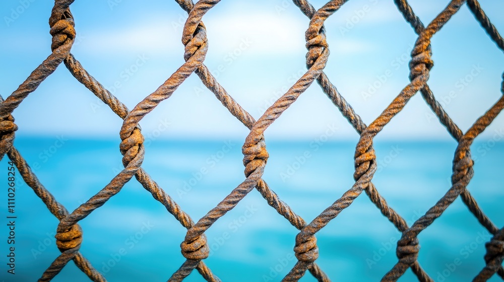 Close up of textured rope net with knots and blue ocean backdrop showcasing rustic details and coastal ambiance Close up of textured rope net with knots and blue ocean backdrop showcasing rustic details and coastal ambiance