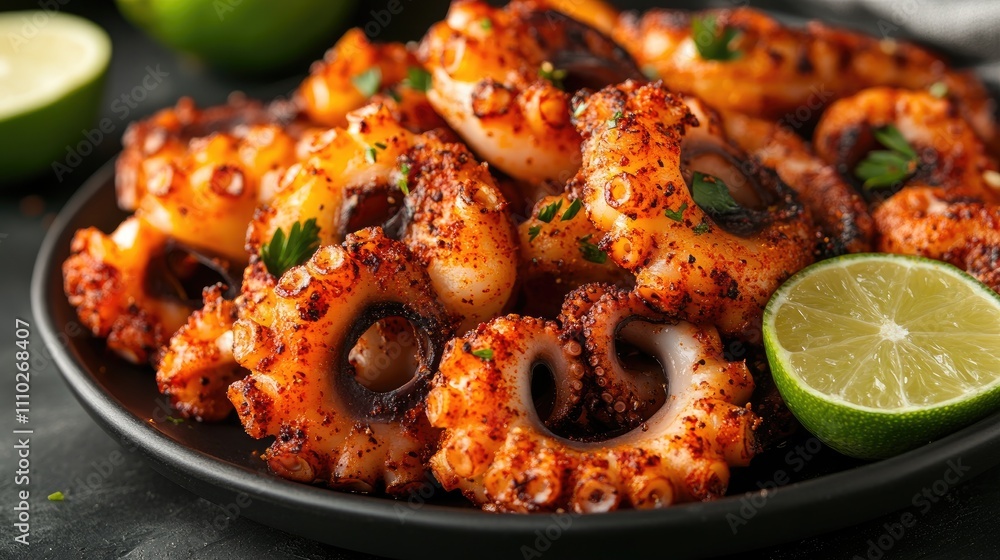 Grilled octopus garnished with fresh lime and spices on a black plate with green limes in the background Grilled octopus garnished with fresh lime and spices on a black plate with green limes in the background