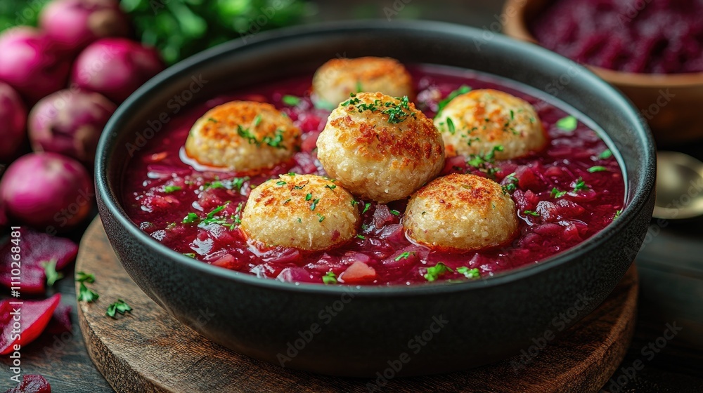 Delicious croquettes with sauerkraut and mushrooms served in vibrant beetroot soup garnished with fresh herbs and spices. Delicious croquettes with sauerkraut and mushrooms served in vibrant beetroot soup garnished with fresh herbs and spices.
