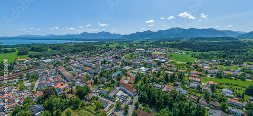 Die Marktgemeinde Prien am Chiemsee am oberbayerischen Alpenrand von oben  photo