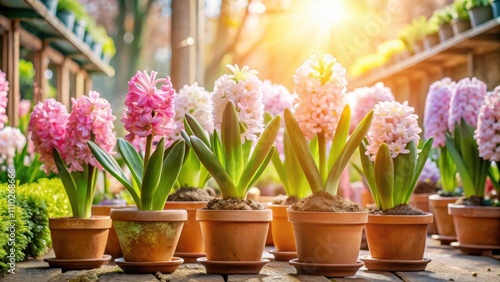 A vibrant display of hyacinth flowers in terracotta pots, bathed in the warm glow of the setting sun. Their delicate blooms and lush greenery create a serene and inviting atmosphere.