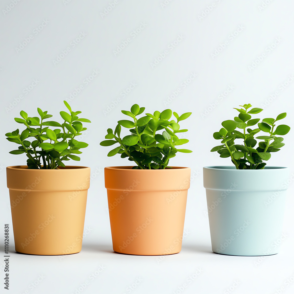 A trio of vibrant green plants in colorful pots for a fresh interior decoration. A trio of vibrant green plants in colorful pots for a fresh interior decoration.