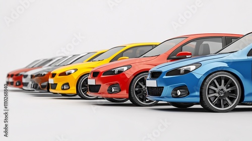 7.Set of Colored Realistic Cars, 3D Render of Modern Hatchbacks: