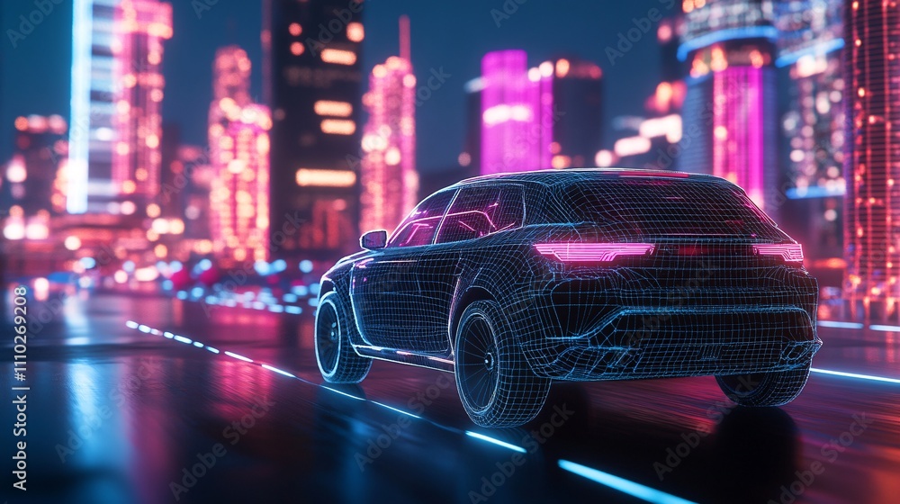 118.A detailed 3D illustration of a wireframe SUV, viewed from behind as it drives along a futuristic road toward a city with glowing skyscrapers. The wireframe design of the car is intricate, with 118.A detailed 3D illustration of a wireframe SUV, viewed from behind as it drives along a futuristic road toward a city with glowing skyscrapers. The wireframe design of the car is intricate, with