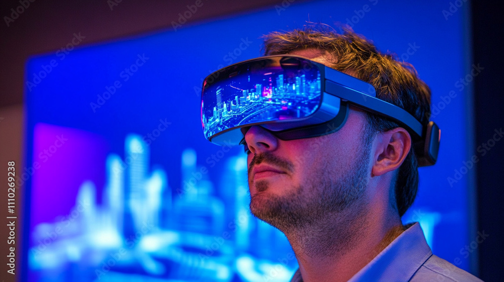 Immersive VR experience with man wearing advanced virtual reality glasses Immersive VR experience with man wearing advanced virtual reality glasses